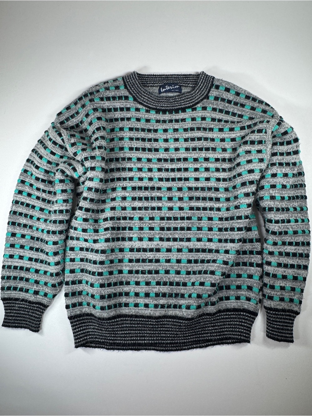 Interim Sweater Men’s Medium 90s Coogi Style Textured Gray Black Teal Unisex